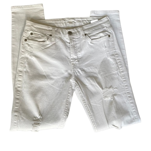 7 For All Mankind Stretchy White Denim Ankle‎ Skinny Distress Jeans Size: 27 - Picture 1 of 7